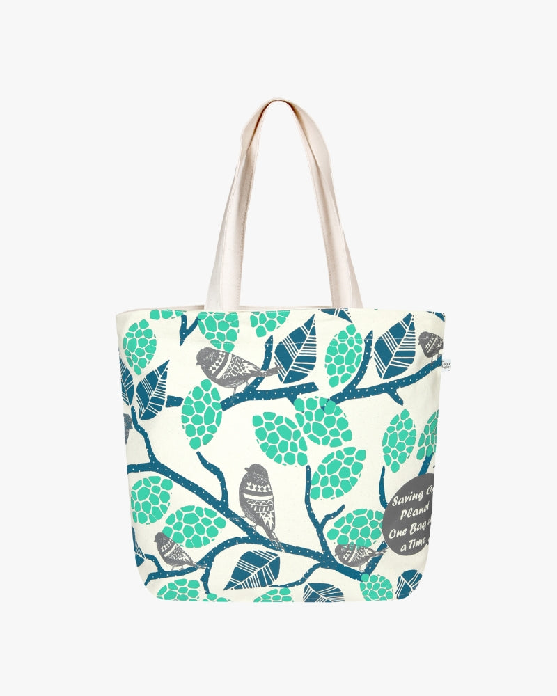Large Zipper Tote Bag - Sparrow Love (Natural) Ecoright
