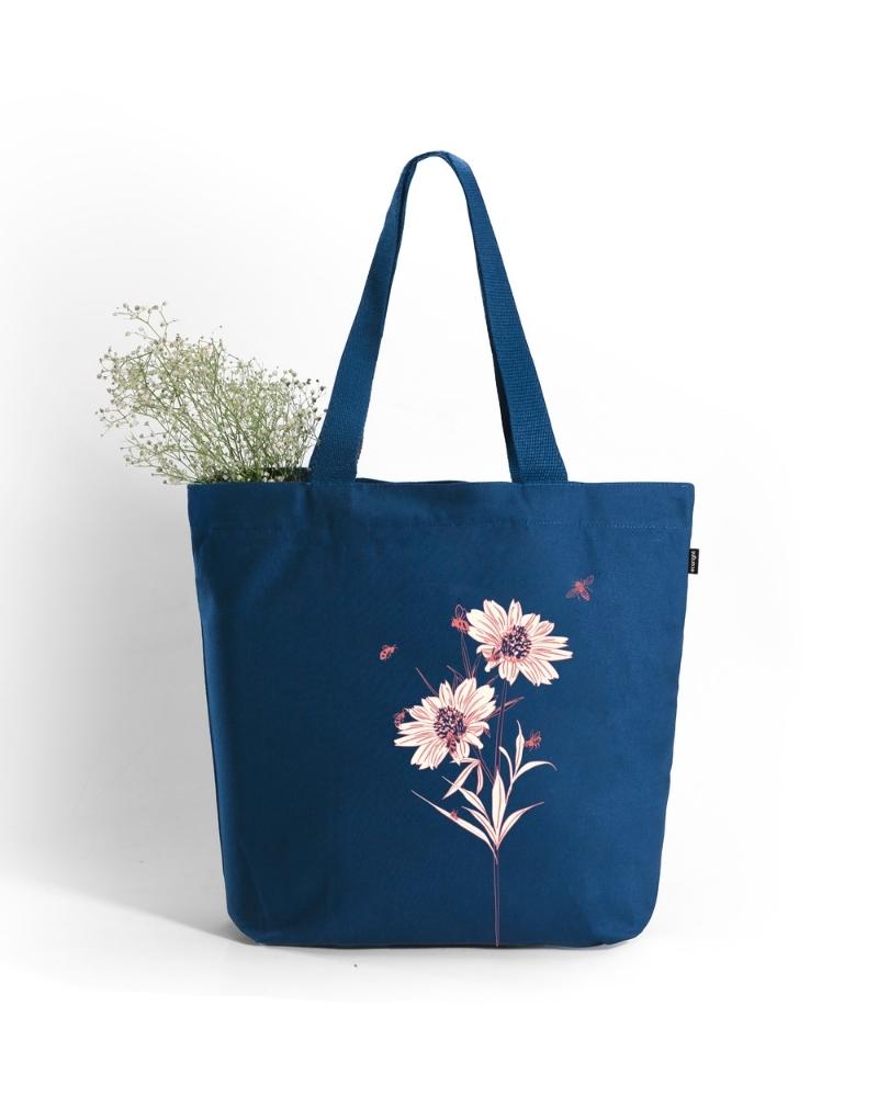 Large Zipper Tote Bag - Happy Flowers