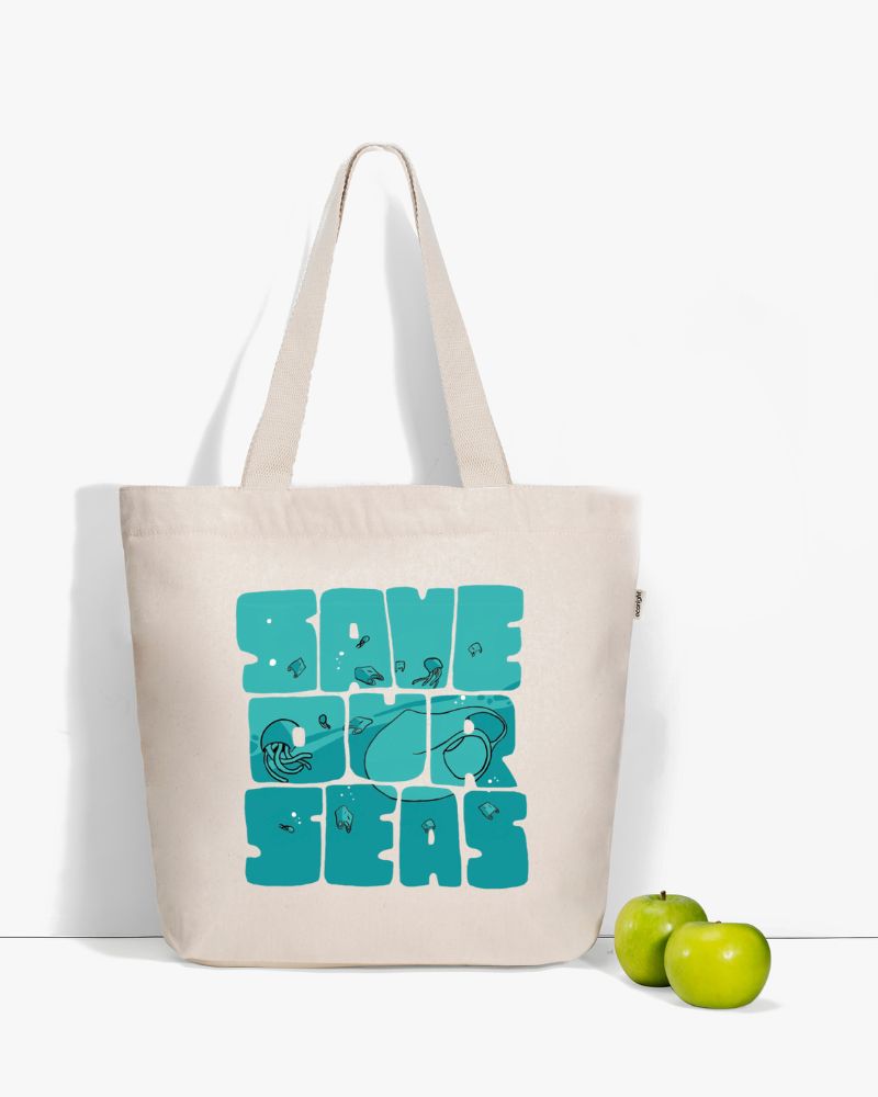 Large Zipper Tote Bag - Save Our Seas (Natural)