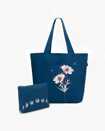 Large Zipper Tote (Happy Flowers) &amp; Cosmetic Pouch (Moonphasing) - Ecoright
