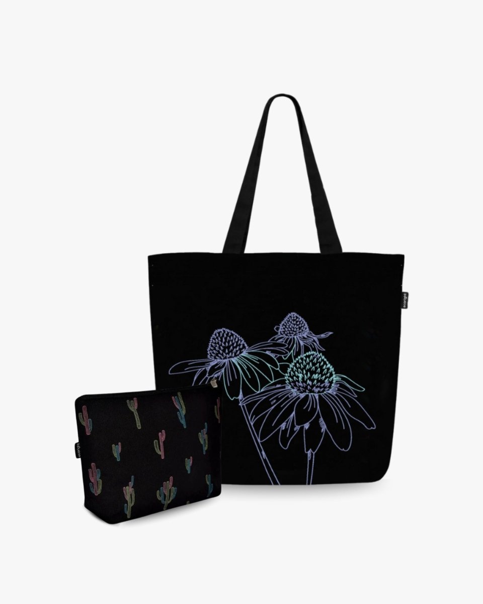 Large Zipper Tote (Night Garden) &amp; Cosmetic Pouch (Cactiverse) - Ecoright
