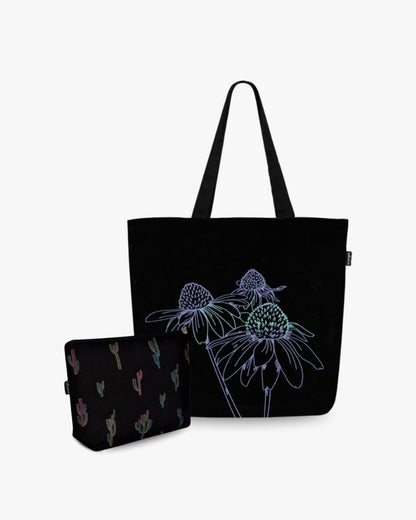 Large Zipper Tote (Night Garden) &amp; Cosmetic Pouch (Cactiverse) - Ecoright